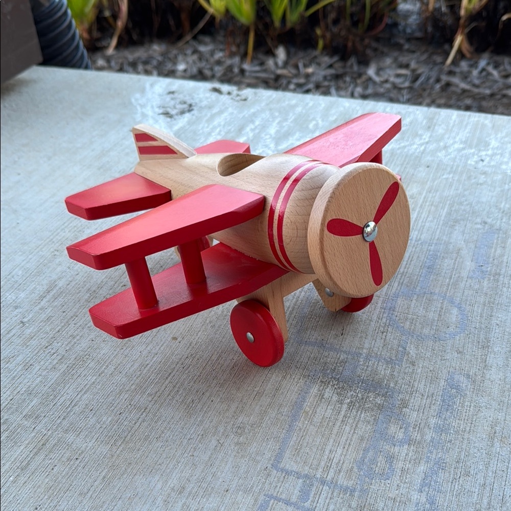 Classic Red Wooden Biplane Toy